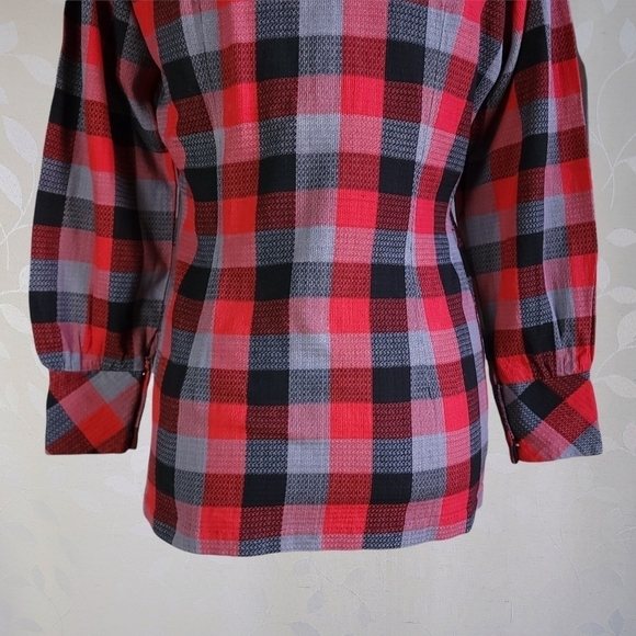 Vintage 60s 70s Buffalo Plaid Dagger Collar Handmade Popover Tunic Top Red Gray - Picture 12 of 16